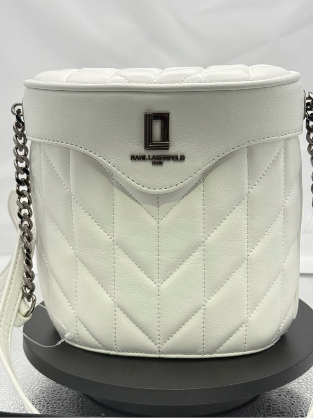 Karl Lagerfeld White Quilted Bucket Crossbody with Chain Strap
